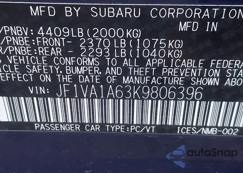 2019 Subaru Wrx из США, поврежденный, VIN JF1VA1A63K9806396